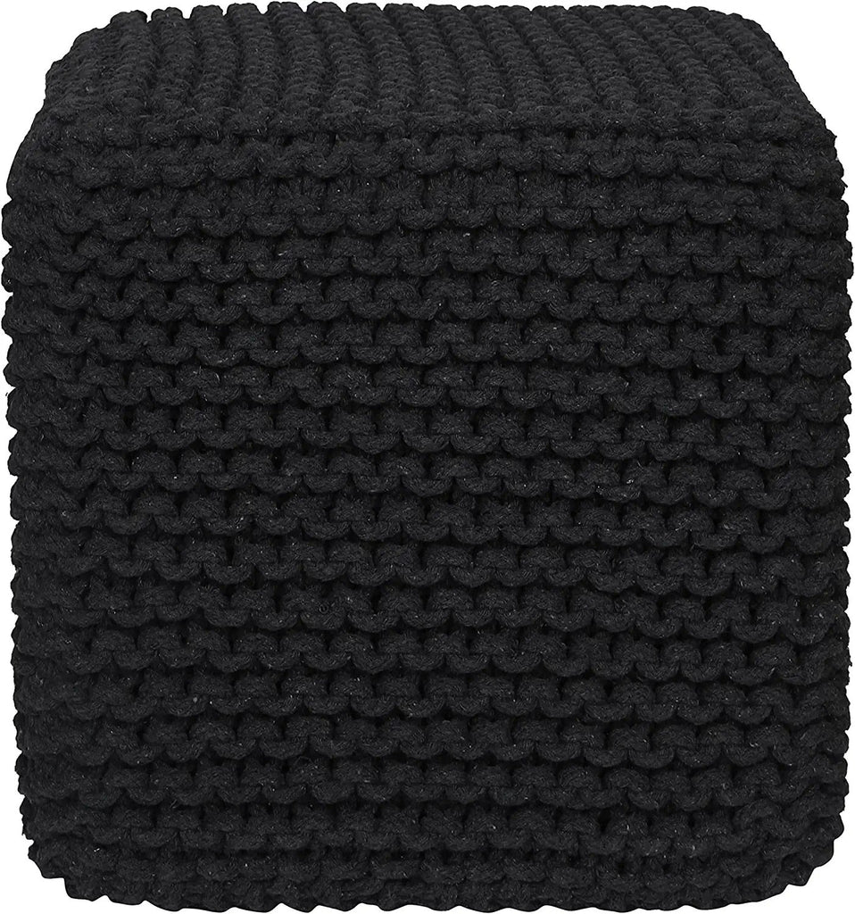 · REDEARTH · Cube Pouf Foot Stool Ottoman - Hand Knitted Poof - Cord Boho Pouffe - Home Décor - Stuffed Footrest for Living Room - Bedroom - Covered Patio (16" x 16" x 16") - Black
