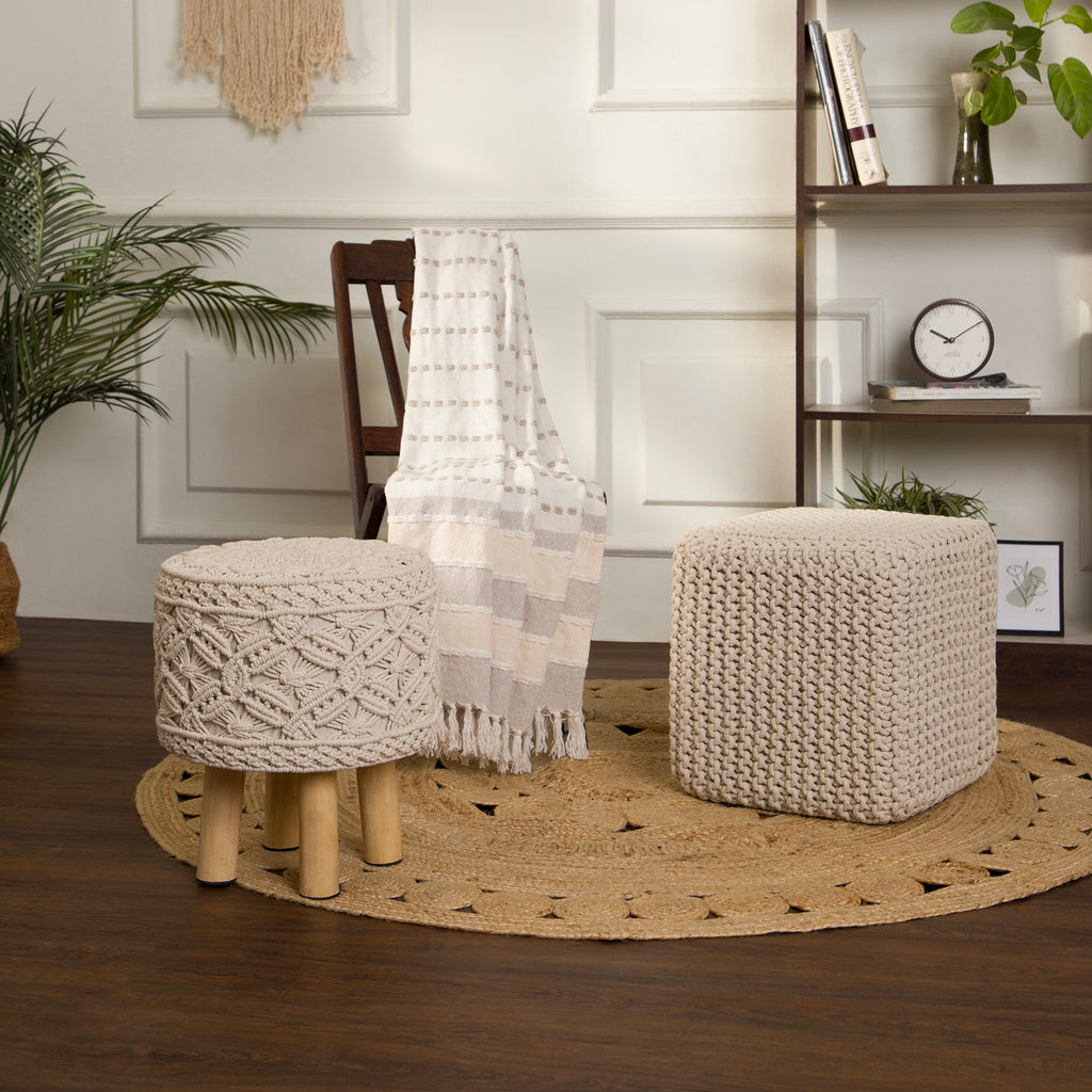 REDEARTH Square Pouf Ottoman Foot Stool Hand Knitted Bean Bag Cord B