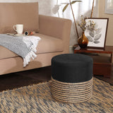 · REDEARTH · Cylindrical Pouf Ottoman - Braided Pouffe Accent Sitting Round Footrest for Living Room, Bedroom, Nursery, kidsroom, Patio ; 70% Cotton 30% Jute, Set Of 2 (14.5x14.5x16; Black Natural)