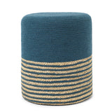 REDEARTH Cylindrical Pouf Foot Stool Ottoman - Jute Braided Pouffe Poof Accent Sitting Footrest for Living Room, Bedroom, Nursery, Patio, Lounge & Other Rooms (Teal Natural , 14.5"x14.5"x16")