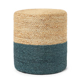 REDEARTH Jute Braided Pouf Ottoman Cylinder Half & Half Natural Teal - Two Pack