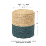 REDEARTH Jute Braided Pouf Ottoman Cylinder Half & Half Natural Teal - Two Pack