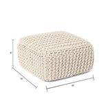 REDEARTH Cube Low Pouf Foot Stool Ottoman - Hand Knitted Poof - Cord Boho Pouffe - Home Décor - Stuffed Footrest for Living Room - Nursery - Bedroom - Covered Patio - Room (16" x 16" x 8" ) - Ivory