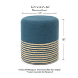 REDEARTH Cylindrical Pouf Foot Stool Ottoman - Jute Braided Pouffe Poof Accent Sitting Footrest for Living Room, Bedroom, Nursery, Patio, Lounge & Other Rooms (Teal Natural , 14.5"x14.5"x16")