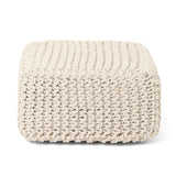 REDEARTH Cube Low Pouf Foot Stool Ottoman - Hand Knitted Poof - Cord Boho Pouffe - Home Décor - Stuffed Footrest for Living Room - Nursery - Bedroom - Covered Patio - Room (16" x 16" x 8" ) - Ivory