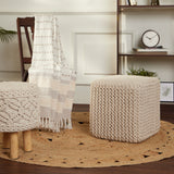 REDEARTH Square Pouf Ottoman Foot Stool -Hand Knitted Bean Bag, Cord Boho Pouffe, Accent Poof Braided Dori Beanbag Chair for Living Room, Bedroom, Nursery, Patio, 100% Cotton (16”x16”x16”; Ivory)
