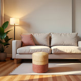 · REDEARTH · Cylindrical Pouf Foot Stool Ottoman - Jute Braided Pouffe Poof Accent Sitting Footrest for Living Room, Bedroom, Nursery, Patio, Lounge Set of 2 (Natural Rust, 14.5"x14.5"x16")