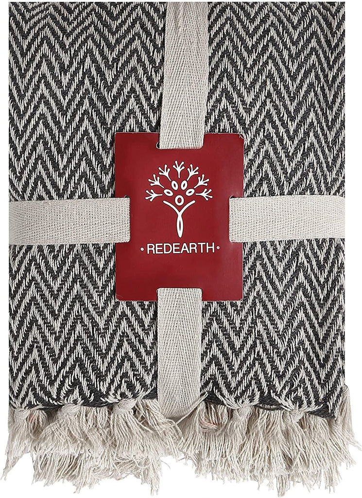 REDEARTH Classic Herringbone Throw Blanket -medium weight soft lap blanket for sofa bed couch chairs loveseats car, living, indoor/ outdoor use 100% Cotton (50x60"; Black)