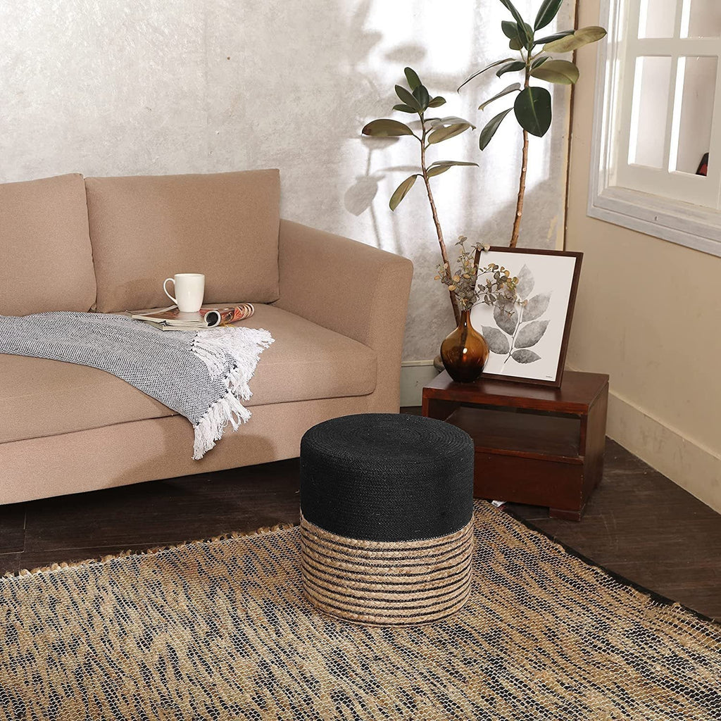 REDEARTH Cylindrical Pouf Ottoman -Braided Pouffe Accent Chair Round Seat Footrest for Living Room, Bedroom, Nursery, kidsroom, Patio, Gym; 30% Jute, 70% Cotton (14.5x14.5x16; Black Natural)