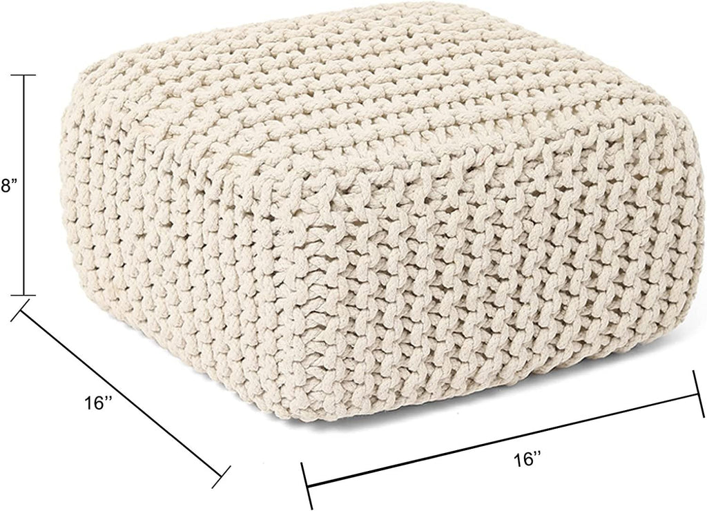 REDEARTH Cube Low Pouf Foot Stool Ottoman -Hand Knitted Poof, Cord Boho Pouffe, Home Dcor Accent Chair, Stuffed Footrest for Living Room, Bedroom, Nursery, Covered Patio 16x16x8; Ivory