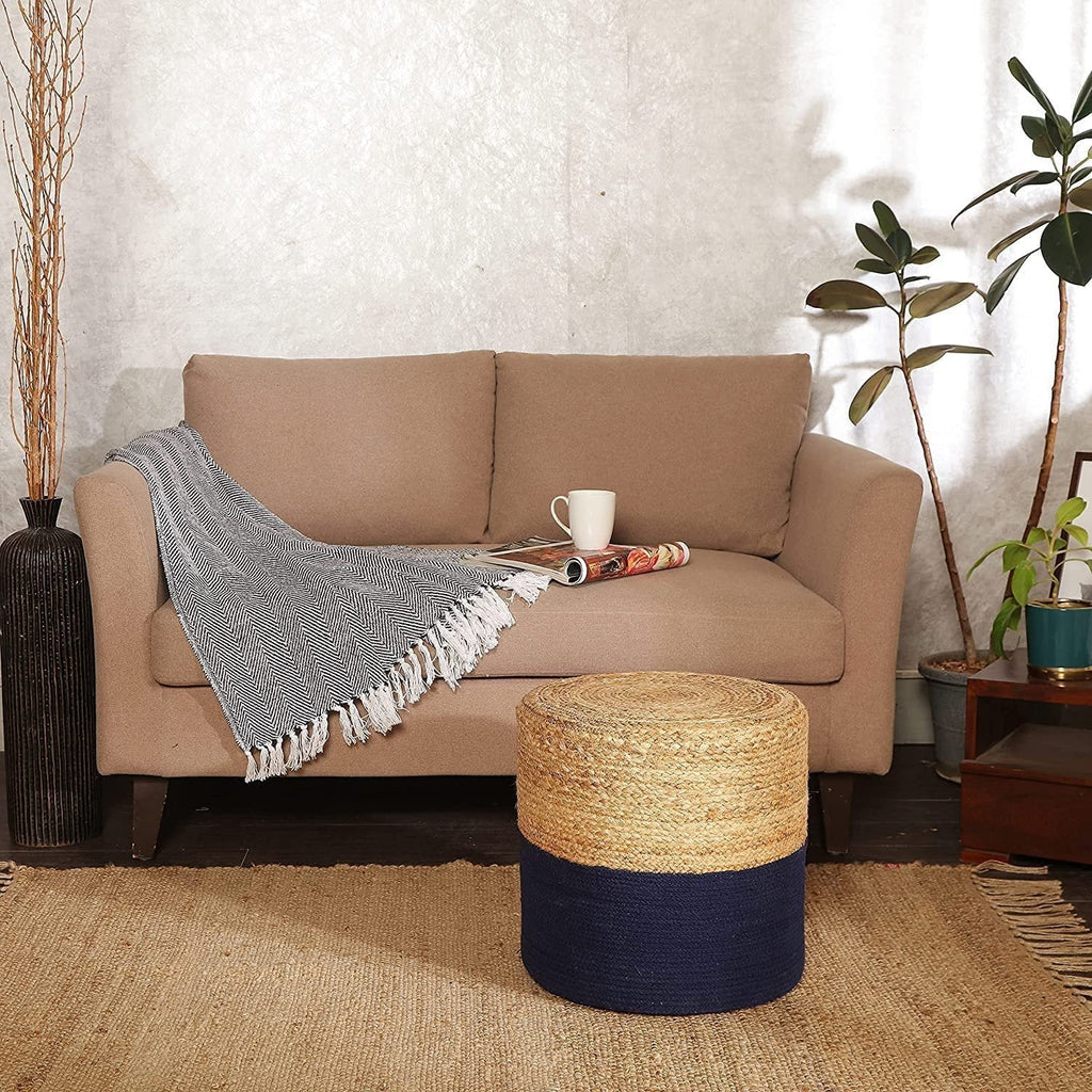 REDEARTH Cylindrical Pouf Ottoman -Braided Pouffe Accent Chair Round Seat Footrest for Living Room, Bedroom, Nursery, kidsroom, Patio, Gym; 50% Jute, 50% Cotton (14.5x14.5x16; Navy Natural)