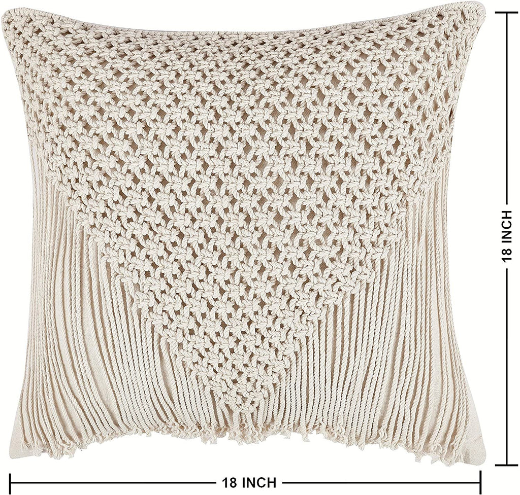 REDEARTH Macrame Throw Pillow Cushion Covers-Woven Decorative Farmhouse Cases set for couch, sofa, bed, farmhouse, chair, dining, patio, outdoor, car; 100% Cotton (18x18"; Natural1) Pack of 2