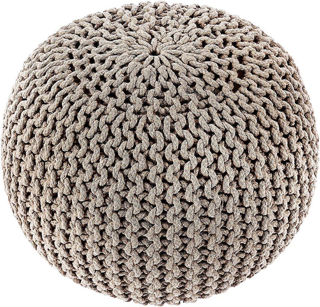 REDEARTH Round Pouf Foot Stool Bean Bag Ottoman -Cable Knitted Boho Pouffe, Hoem Decor Poof Accent Beanbag Chair Ready to Use for Living Room, Bedroom, Nursery, Patio, Lounge (19"x19" x14", Taupe)