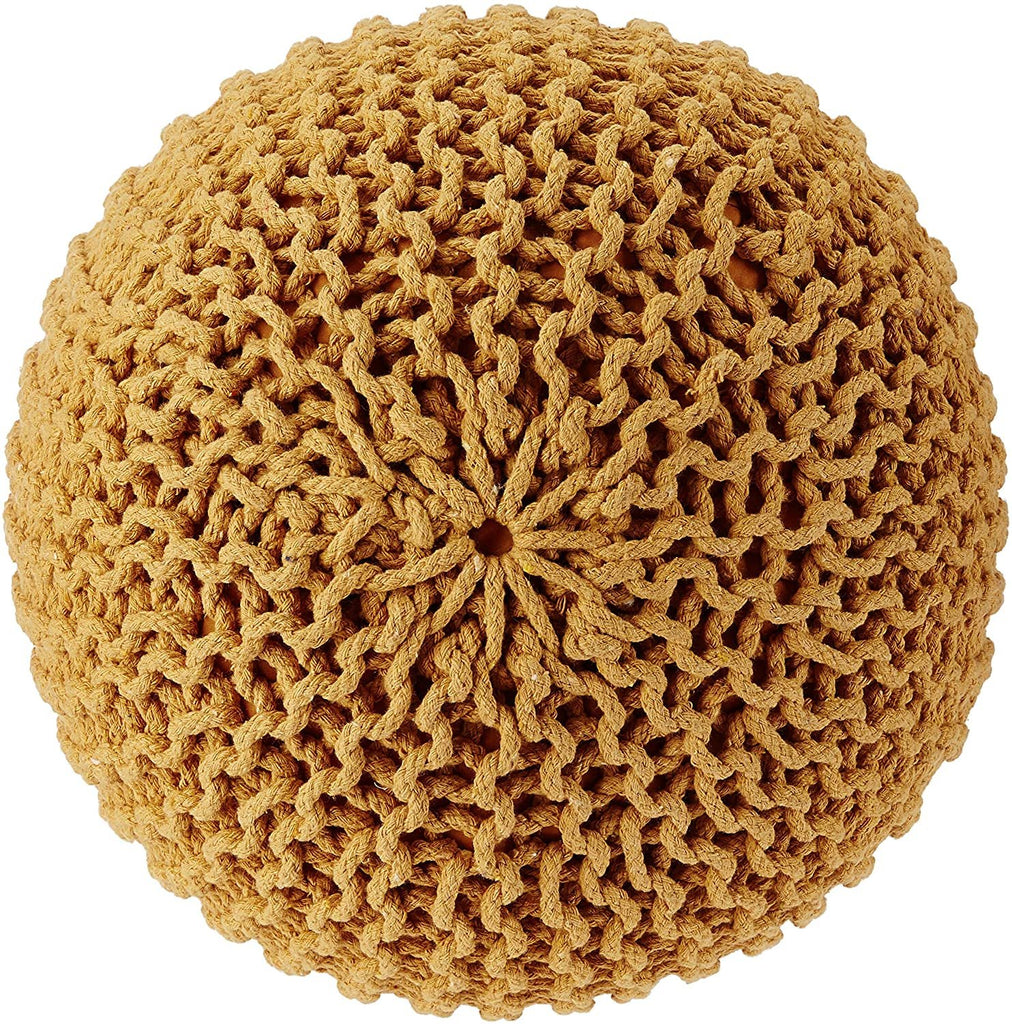 REDEARTH Round Pouf Ottoman -Hand Knitted Cable Boho Poof Home Décor Pouffe Accent Chair Circular Seat Footrest for Living Room, Bedroom, Nursery, Kidsroom, Lounge; 100% Cotton (19"x19"x14"; Mustard)