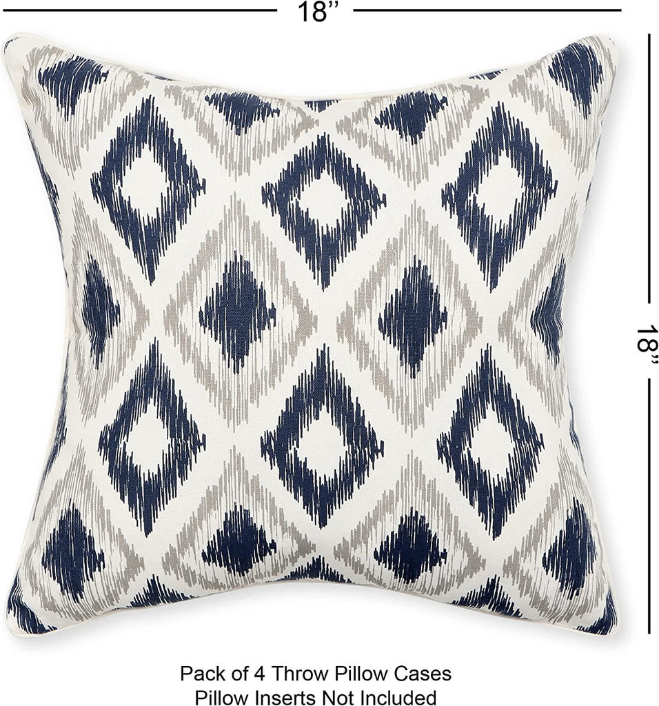 REDEARTH Printed Throw Pillow Cushion Covers-Woven Decorative Farmhouse Cases set for couch, sofa, bed, chair, dining, patio, outdoor, car; 100% Cotton(Ikat Trail Navy, 18"X18") Pack of 4