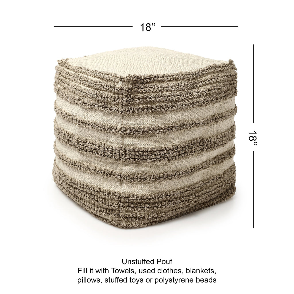 UNSTUFFED Pouf Ottoman Cover -REDEARTH Boho Textured Storage Square Poof, Pouffe Extra Seat Space Saver for Living Room, Bedroom, Nursery, Kidsroom, Patio; 100% Cotton (20x20x20; Taupe)