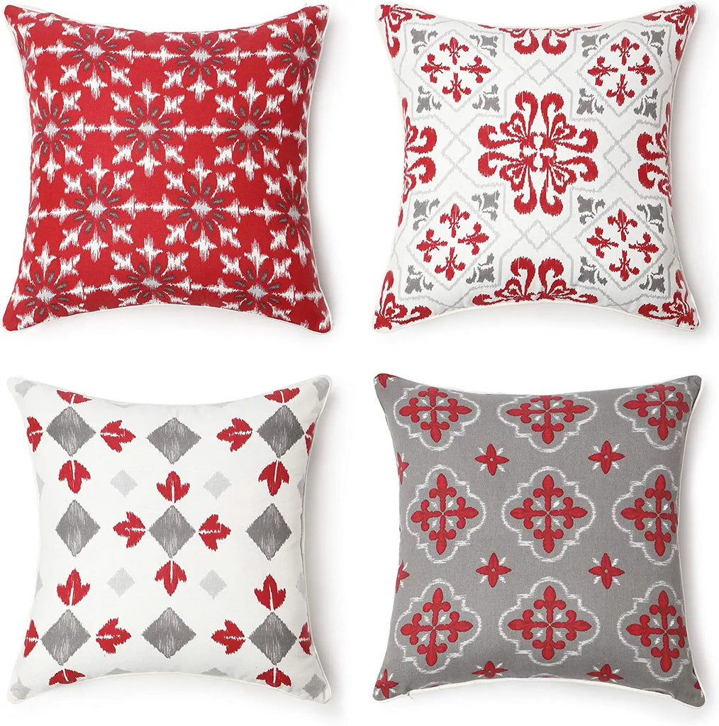 REDEARTH Printed Throw Pillow Cushion Covers-Woven Decorative Farmhouse Cases set for couch, sofa, bed, chair, dining, patio, outdoor, car; 100% Cotton (18x18"; Scarlet1) Pack of 4