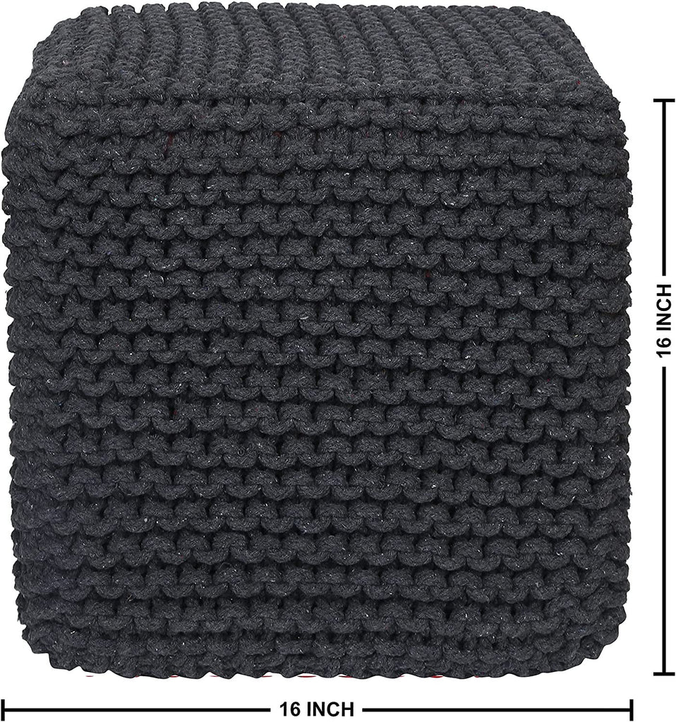 REDEARTH Cube Pouf Foot Stool Ottoman -Hand Knitted Coffee Table, Cotton Cord Boho Pouffe, Home Décor Poof, Ready to Use Footrest for Living Room, Bedroom, Nursery (16”x16”x16”; Dark Gray)
