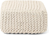 REDEARTH Cube Low Pouf Foot Stool Ottoman -Hand Knitted Poof, Cord Boho Pouffe, Home Dcor Accent Chair, Stuffed Footrest for Living Room, Bedroom, Nursery, Covered Patio 16x16x8; Ivory