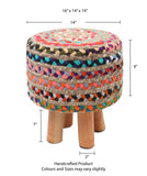 REDEARTH Foot Stool -Handmade Wooden 4 Legs Jute Chindi Seat Footrest for Living Room, Bedroom, Nursery, kidsroom, Patio, Gym; 50% Jute 50% Cotton (16"x14"x14"; Bred Jute Multi)