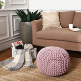 REDEARTH Round Pouf Ottoman -Hand Knitted Cable Boho Poof Home Décor Pouffe Accent Chair Circular Seat Footrest for Living Room, Bedroom, Nursery, Kidsroom, Lounge; 100% Cotton (19.5"x19.5"x14"; Pale Pink)