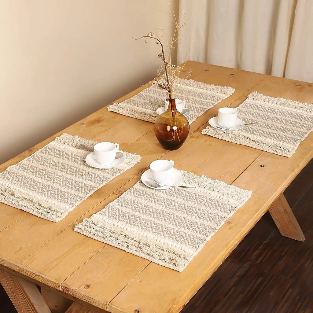 REDEARTH Placemats-Hand Woven Exquisite Artisan Made Table Linen for Dining Table, Coffee Table, Console, Dresser; 100% Cotton (14x20"; Natural) Set of 4