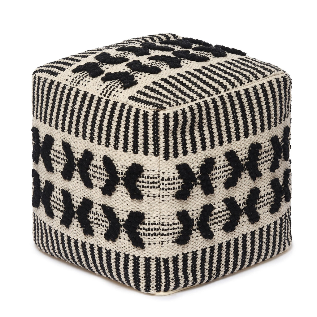 UNSTUFFED Pouf Ottoman Cover Textured Storage Cube Bean Bag Poof Pouffe Accent Chair Seat Footrest for Living Room, Bedroom, Patio, Gym; 100% Cotton (18"X18"X18", Black Natural)