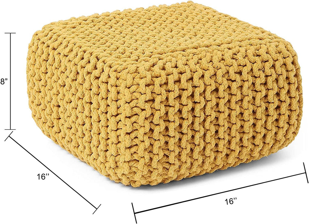REDEARTH Cube Low Pouf Foot Stool Ottoman -Hand Knitted Poof, Cord Boho Pouffe, Home Décor Accent Chair, Stuffed Footrest for Living Room, Bedroom, Nursery, Covered Patio (16”x16”x8”; Mustard)