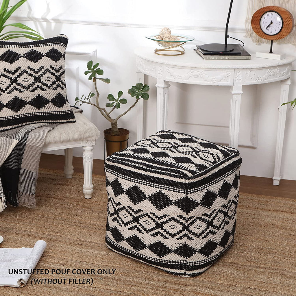 UNSTUFFED Pouf Ottoman Cover - REDEARTH Textured Storage Cube Bean Bag Pouffe Accent Chair Seat Footrest for Living Room, Bedroom, Nursery, Kidsroom; 100% Cotton(20"X20"X20", Linear Diamonds Black)