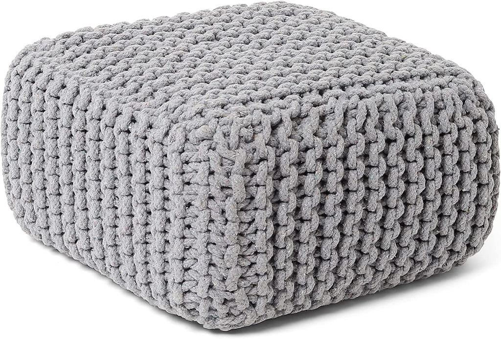 REDEARTH Cube Low Pouf Foot Stool Ottoman -Hand Knitted Poof, Cord Boho Pouffe, Home Décor Accent Chair, Stuffed Footrest for Living Room, Bedroom, Nursery, Covered Patio (16”x16”x8”; Light Gray)