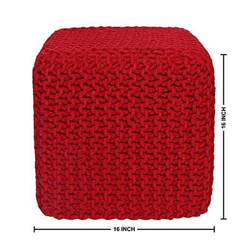REDEARTH Cube Hand Knitted Pouf - Foot Stool Ottoman - Decorative Cord Boho Pouffe - Square Poof Accent Beanbag Chair Footstool For Kids, Living Room, Bedroom, Nursery, Patio, Lounge16x16x16; Red