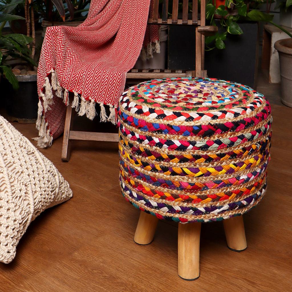 REDEARTH Foot Stool -Handmade Wooden 4 Legs Jute Chindi Seat Footrest for Living Room, Bedroom, Nursery, kidsroom, Patio, Gym; 50% Jute 50% Cotton (16"x14"x14"; Bred Jute Multi)