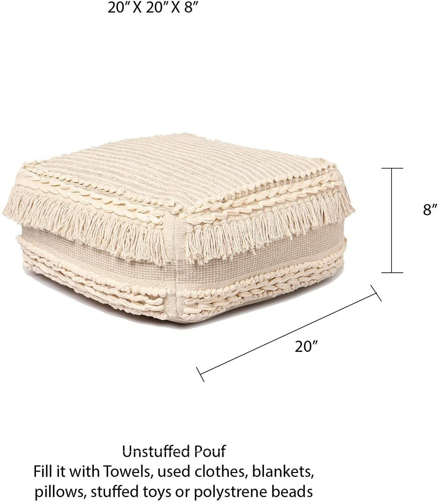 UNSTUFFED Pouf Ottoman Cover - REDEARTH Textured Storage Cube Boho Bean Bag Chair Seat Footrest Stool For Living Room, Bedroom,Nursery,Farmhouse,Kidsroom, Patio, Gym; 100% Cotton (20"X20"X8"; Natural)