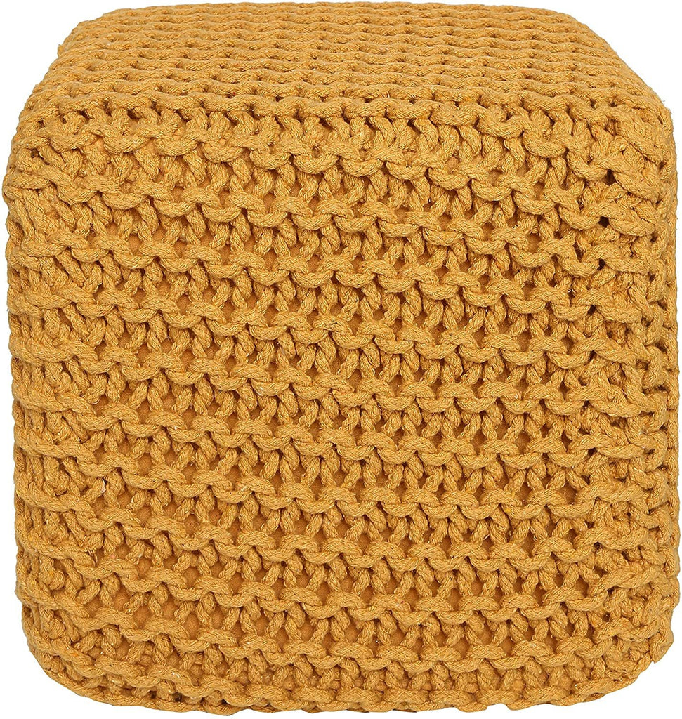 REDEARTH Cube Pouf Ottoman -Hand Knitted Cable Boho Poof, Artisan Made Square Pouffe Seat, Home Decor for Living Room, Bedroom, Nursery, kidsroom, Indoor Patio, Gym; 100% Cotton (16x16x16; Mustard)
