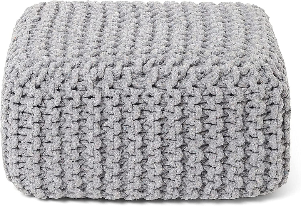 REDEARTH Cube Low Pouf Foot Stool Ottoman -Hand Knitted Poof, Cord Boho Pouffe, Home Décor Accent Chair, Stuffed Footrest for Living Room, Bedroom, Nursery, Covered Patio (16”x16”x8”; Light Gray)