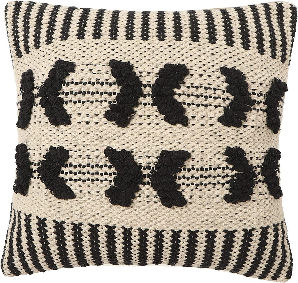 REDEARTH Textured Throw Pillow Cushion Covers-Woven Tufted Decorative Farmhouse Cases Set for Couch, Sofa, Bed, Chair, Dining, Patio, Outdoor; 100% Cotton (18x18; Black Natural) Pack of 2