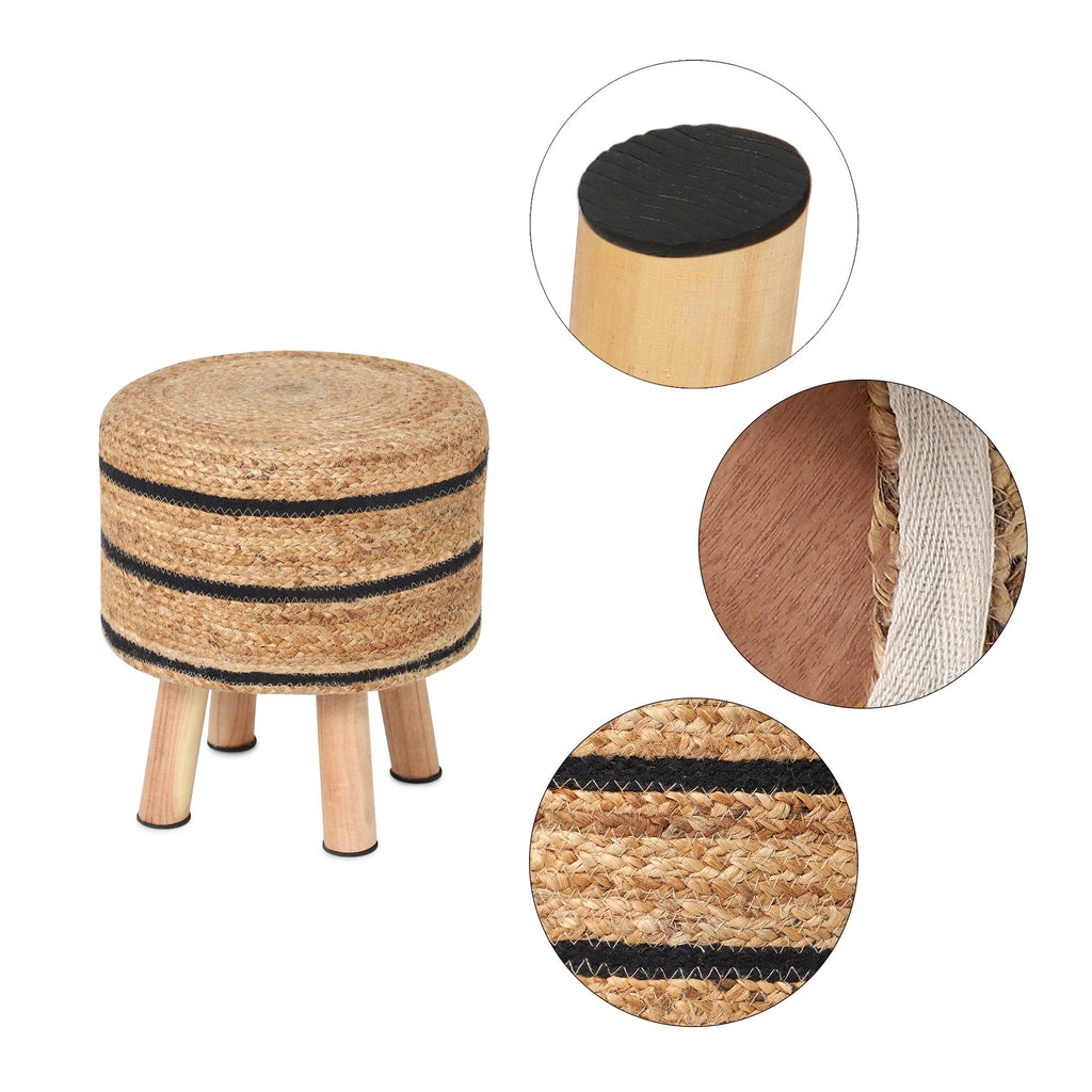 REDEARTH Foot Stool -Handmade Wooden 4 Legs Jute Seat Footrest for Living Room, Bedroom, Nursery, kidsroom, Patio, Gym; 90% Jute 10% Cotton (16"x14"x14"; Jute Loom Story)
