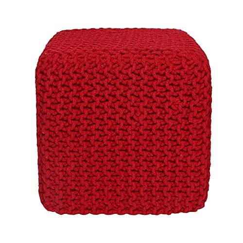 REDEARTH Cube Hand Knitted Pouf - Foot Stool Ottoman - Decorative Cord Boho Pouffe - Square Poof Accent Beanbag Chair Footstool For Kids, Living Room, Bedroom, Nursery, Patio, Lounge16x16x16; Red