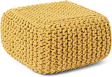 REDEARTH Cube Low Pouf Foot Stool Ottoman -Hand Knitted Poof, Cord Boho Pouffe, Home Décor Accent Chair, Stuffed Footrest for Living Room, Bedroom, Nursery, Covered Patio (16”x16”x8”; Mustard)