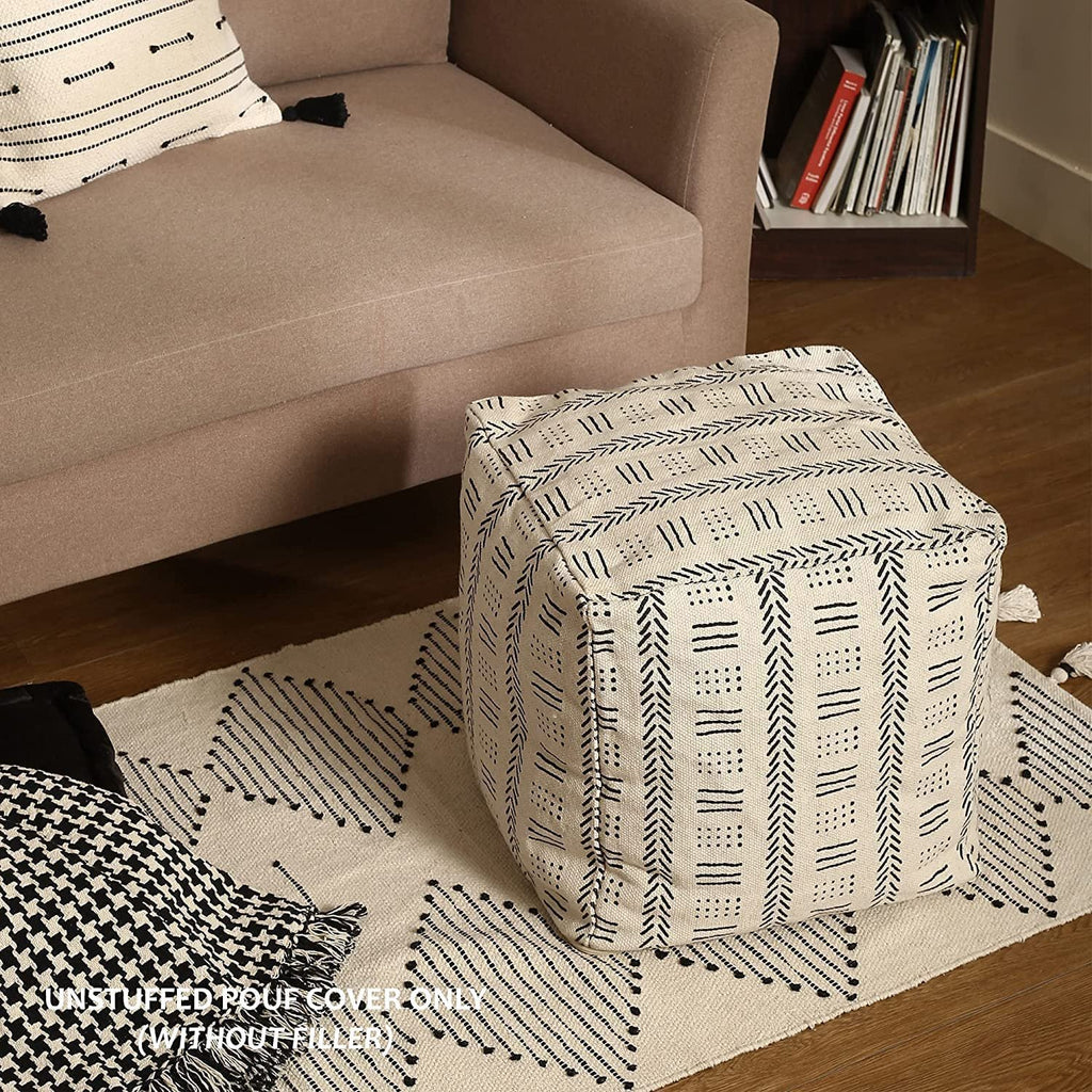 UNSTUFFED Pouf Ottoman Cover - REDEARTH Printed Storage Boho Decor Chair Cube Seat Footrest For Living Room,Bedroom,Nursery, Farmhouse, Kidsroom, Patio;100% Cotton (20X20X20; Pouf Tribal Art Cream)