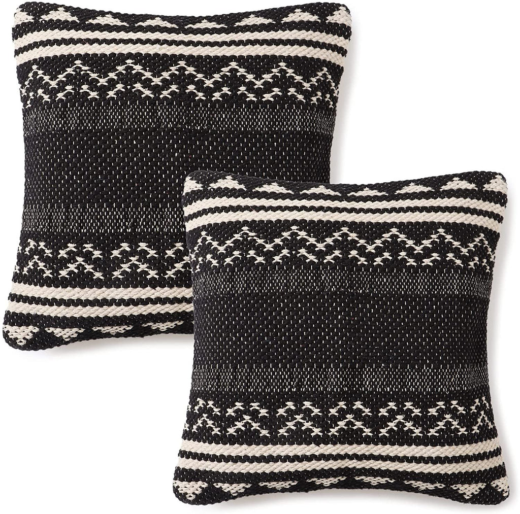 REDEARTH Textured Throw Pillow Cushion Covers-Woven Tufted Decorative Farmhouse Cases set for couch, sofa, bed, chair, dining, patio, outdoor; 100% Cotton (18"x18", Ziggurat Obsession Black) Pack of 2
