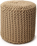 REDEARTH Cylindrical Hand Knitted Pouf - Foot Stool Ottoman - Cord Boho Pouffe - Cotton Round Poof Accent Chair for Home Decor, Kids, Living Room, Bedroom, Nursery, Patio, Lounge (16"x16"x16", Beige)