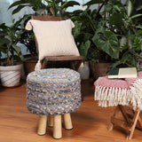 REDEARTH Foot Stool -Handmade Wooden 4 Legs Jute and Denim Seat Footrest for Living Room, Bedroom, Nursery, kidsroom, Patio, Gym; 50% Jute 50% Cotton (16"x14"x14"; Levi Charm Denim Blue)