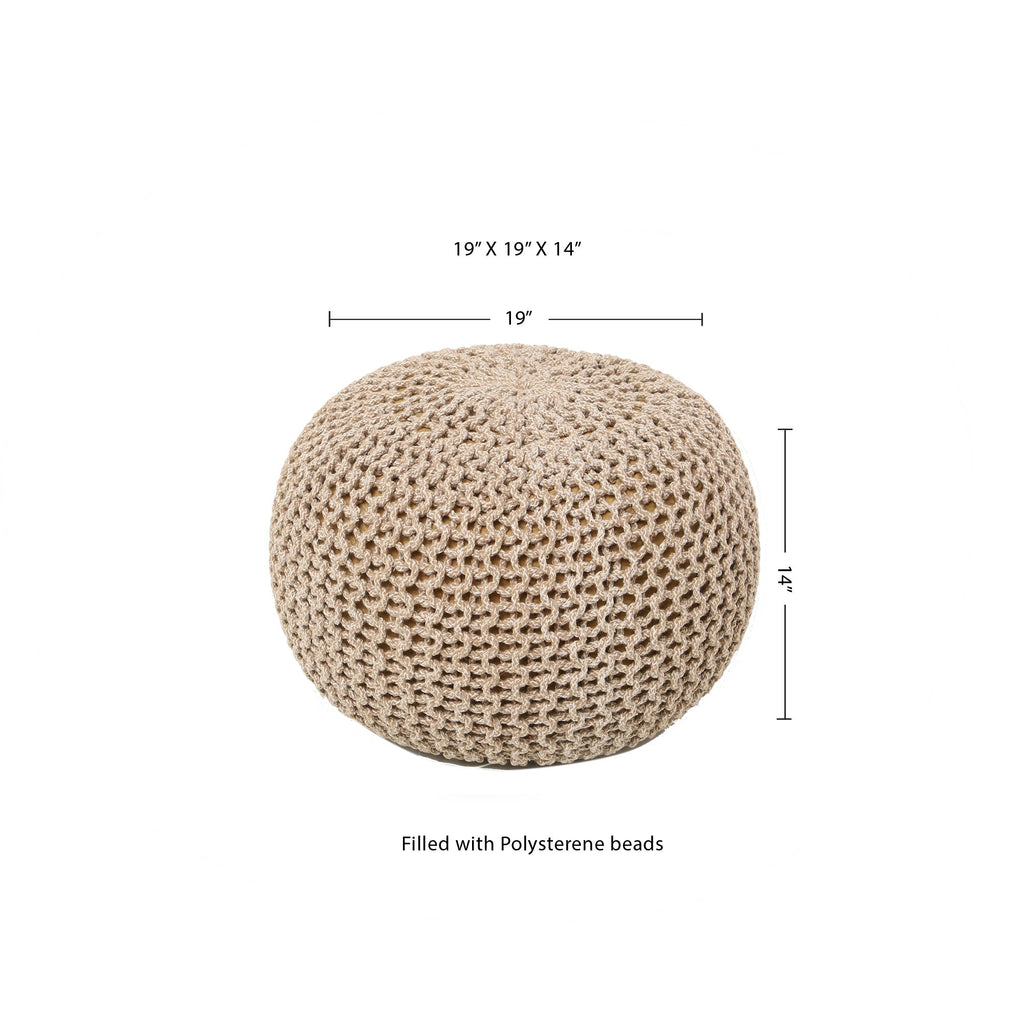 REDEARTH Round Pouf Ottoman -Hand Knitted Cable Boho Poof Home Décor Pouffe Accent Chair Circular Seat Footrest for Living Room, Bedroom, Nursery, Kidsroom, Lounge; 100% Cotton (19x19x14; Beige Ivory)