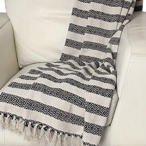REDEARTH Classic Jacquard Throw Blanket -medium weight soft lap blanket for sofa bed couch chairs loveseats car, living, indoor/ outdoor use 100% Cotton (50x60"; Black)