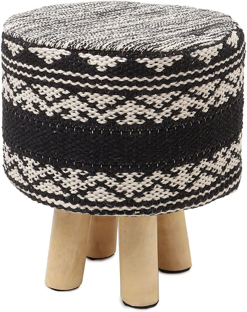 REDEARTH Foot Stool -Handmade Wooden 4 Legs Tufted Seat Footrest for Living Room, Bedroom, Nursery, kidsroom, Patio, Gym; 100% Cotton (16"x14"x14"; Zigguarat Black)