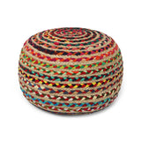 · REDEARTH · Round Pouf Ottoman - Braided Boho Poof Home Décor Pouffe Accent Sitting Circular Foot Rest for Living Room, Bedroom, Nursery, Kidsroom, Lounge; Jute and Cotton (19.5x19.5x14; Multi)