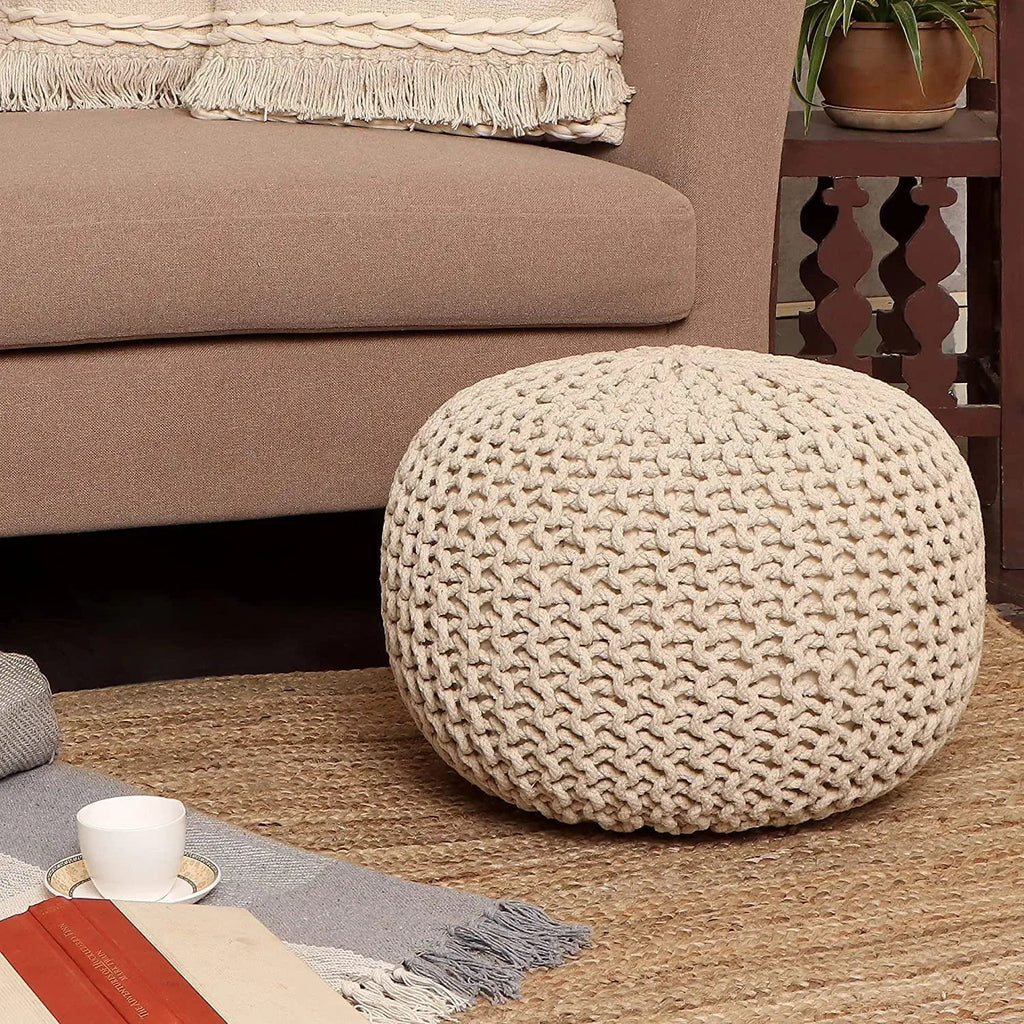 REDEARTH Round Pouf Ottoman-Cable Knitted Boho Poof, Home Décor Cord Pouffe Accent Chair Handmade Circular Seat Footrest for Living Room, Bedroom, Nursery, kidsroom, Gym;100% Cotton (19x19x14; Ivory)