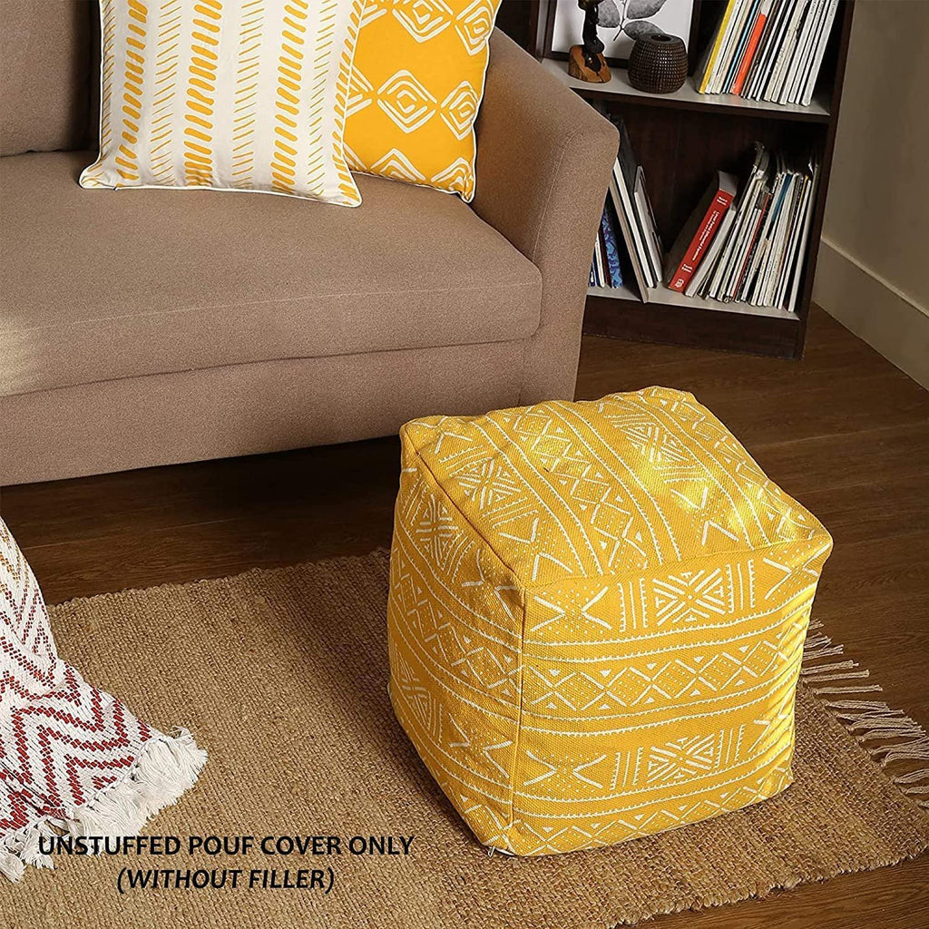 UNSTUFFED Pouf Ottoman Cover - REDEARTH Printed Storage Boho Poof Decor Accent Chair Cube Seat Footrest For Living Room,Bedroom,Nursery, Farmhouse, Kidsroom, Patio;100% Cotton (20X20X20; Mustard)