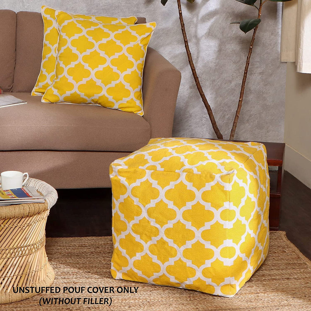 UNSTUFFED Pouf Ottoman Cover - REDEARTH Textured Storage Cube Boho Bean Bag Chair Seat Footrest Stool For Living Room, Bedroom,Nursery, Farmhouse, Kidsroom, Patio, Gym; 100% Cotton (20X20X20; Mustard)